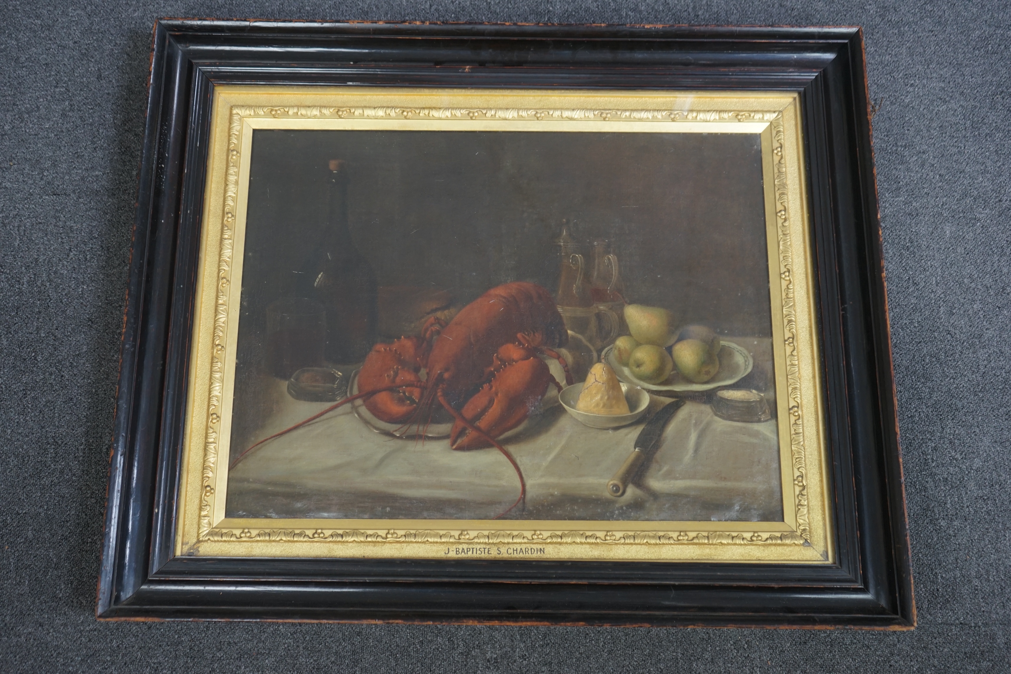 Follower of Jean-Baptiste-Siméon Chardin (French, 1699-1799), Still life with a lobster and pears, oil on canvas, 53 x 68.5cm